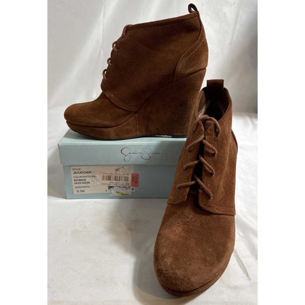 Jessica Simpson JS Catcher Ankle Boots Womens 6.5M Bourbon Oiled Sued 4” Wedge